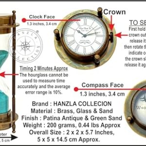 Hanzla Collection Marine Antique Brass Compass Hourglass Nautical Maritime Sand Timer & Desk Clock Vintage Hour Glass Metal Sand Watch Sand Clock Decorative Sandglass for Gift & Home Desk Office Decor