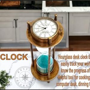 Hanzla Collection Marine Antique Brass Compass Hourglass Nautical Maritime Sand Timer & Desk Clock Vintage Hour Glass Metal Sand Watch Sand Clock Decorative Sandglass for Gift & Home Desk Office Decor