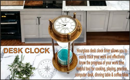 Hanzla Collection Marine Antique Brass Compass Hourglass Nautical Maritime Sand Timer & Desk Clock Vintage Hour Glass Metal Sand Watch Sand Clock Decorative Sandglass for Gift & Home Desk Office Decor