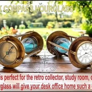 Hanzla Collection Marine Antique Brass Compass Hourglass Nautical Maritime Sand Timer & Desk Clock Vintage Hour Glass Metal Sand Watch Sand Clock Decorative Sandglass for Gift & Home Desk Office Decor