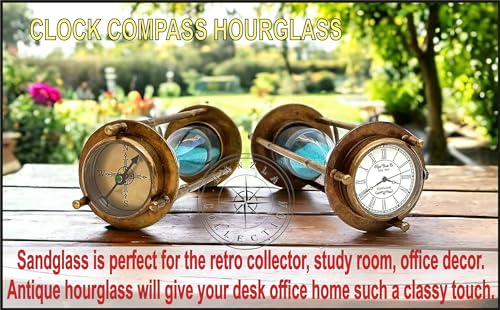 Hanzla Collection Marine Antique Brass Compass Hourglass Nautical Maritime Sand Timer & Desk Clock Vintage Hour Glass Metal Sand Watch Sand Clock Decorative Sandglass for Gift & Home Desk Office Decor