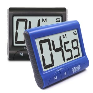 2 pieces digital magnetic kitchen timers with loud alarm ring, senhai countdown large lcd display screen timers with stand/clip, count up down 99 min 59 sec - black, blue