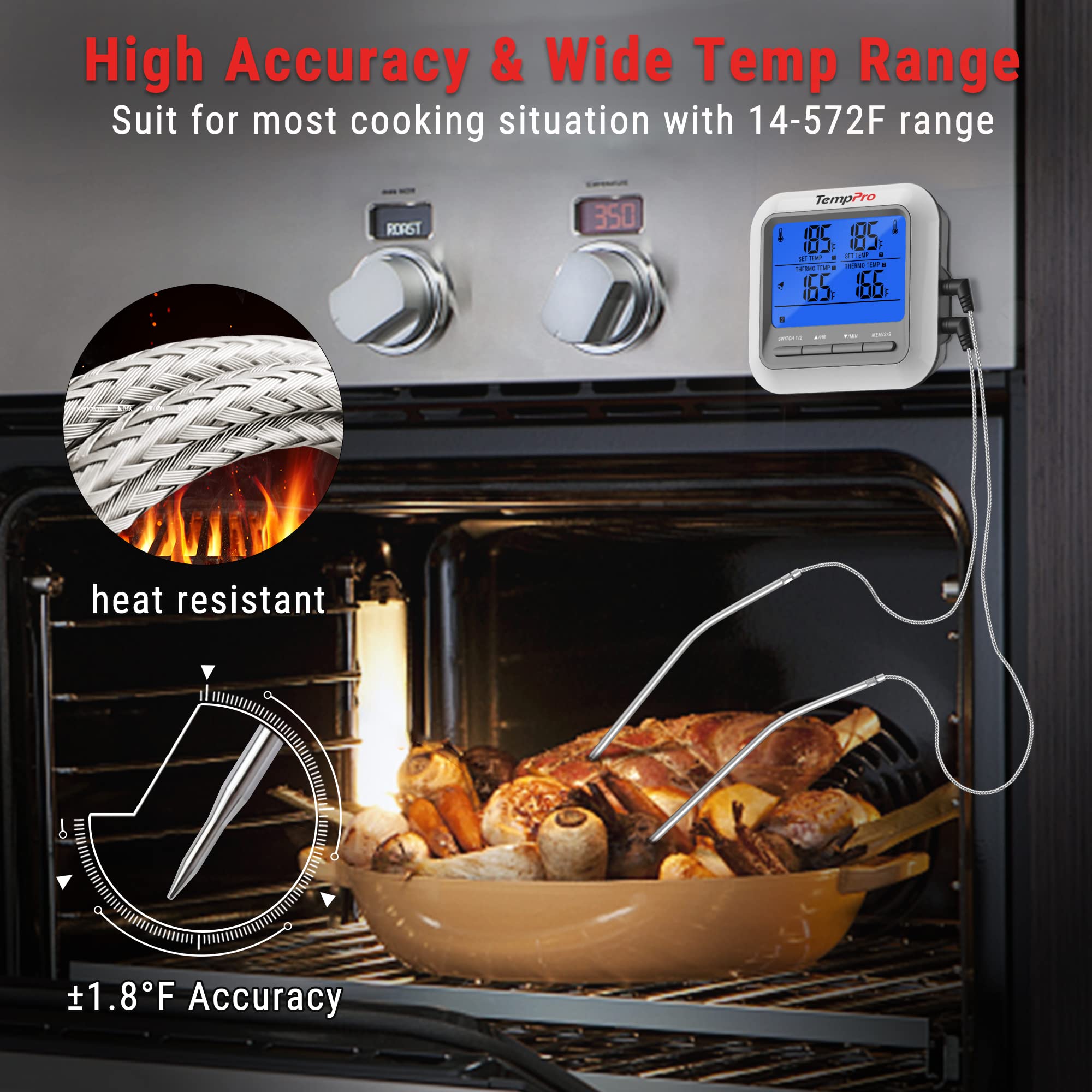 TempPro G17 Meat Thermometer for Oven Cooking Smoker Grilling Kitchen BBQ Dual Probe Digital Grill Thermometer with Large LCD Backlight Timer Mode