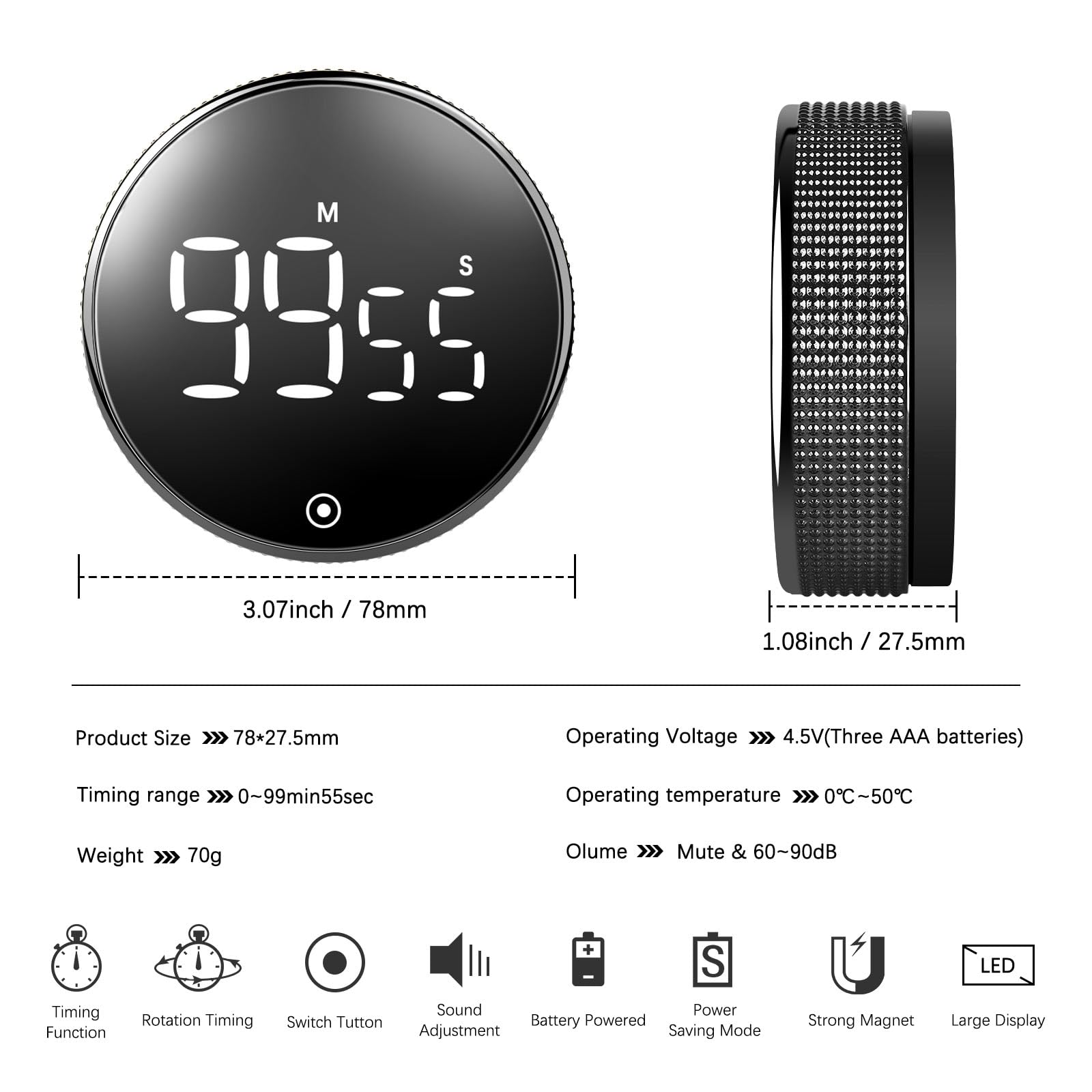 Gvtufeil Cooking Timer, Digital Kitchen Timer with LED Digital Display Visual Rotary Magnetic Countdown Countup Timer for Cooking Baking Studying Teaching, Easy for Seniors and Kids to Use