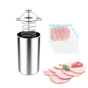 jdoqokj ham maker stainless steel meat press with thermometer ，and 5 pack ziplocks, for making deli meat, homemade lunch meat. meat press mold for deli meats.