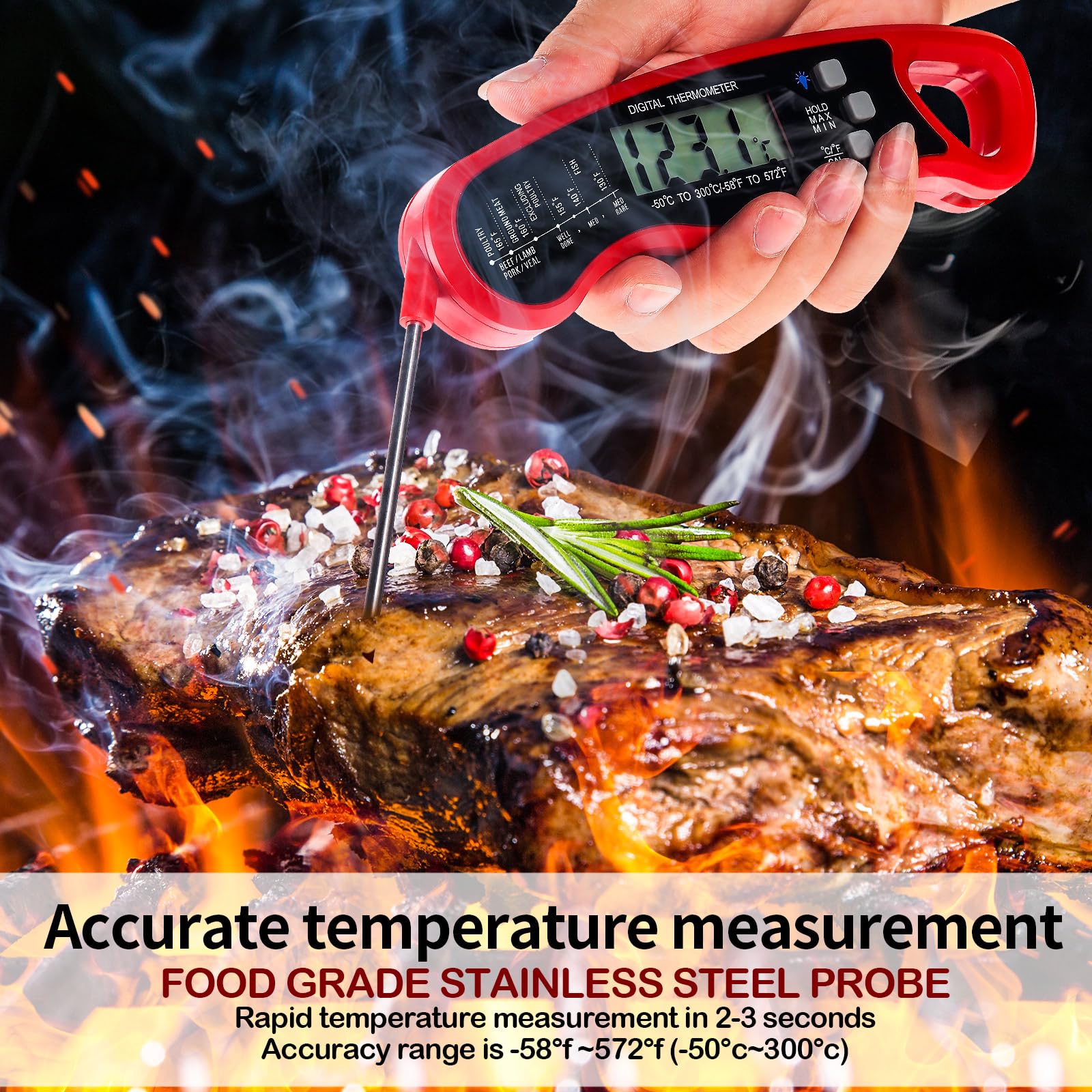 Xuhal 3 Pcs Instant Read Meat Thermometer Waterproof Precise Digital Food Thermometer Red Oven Grilling Cooking Thermometer with Folding Probe Backlight and Calibration for Kitchen Outdoor BBQ Candy