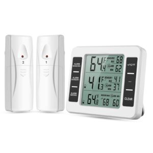 refrigerator thermometer, wireless digital fridge freezer thermometer with audible alarm, max/min temperature display and 2 sensors for home restaurants kitchen