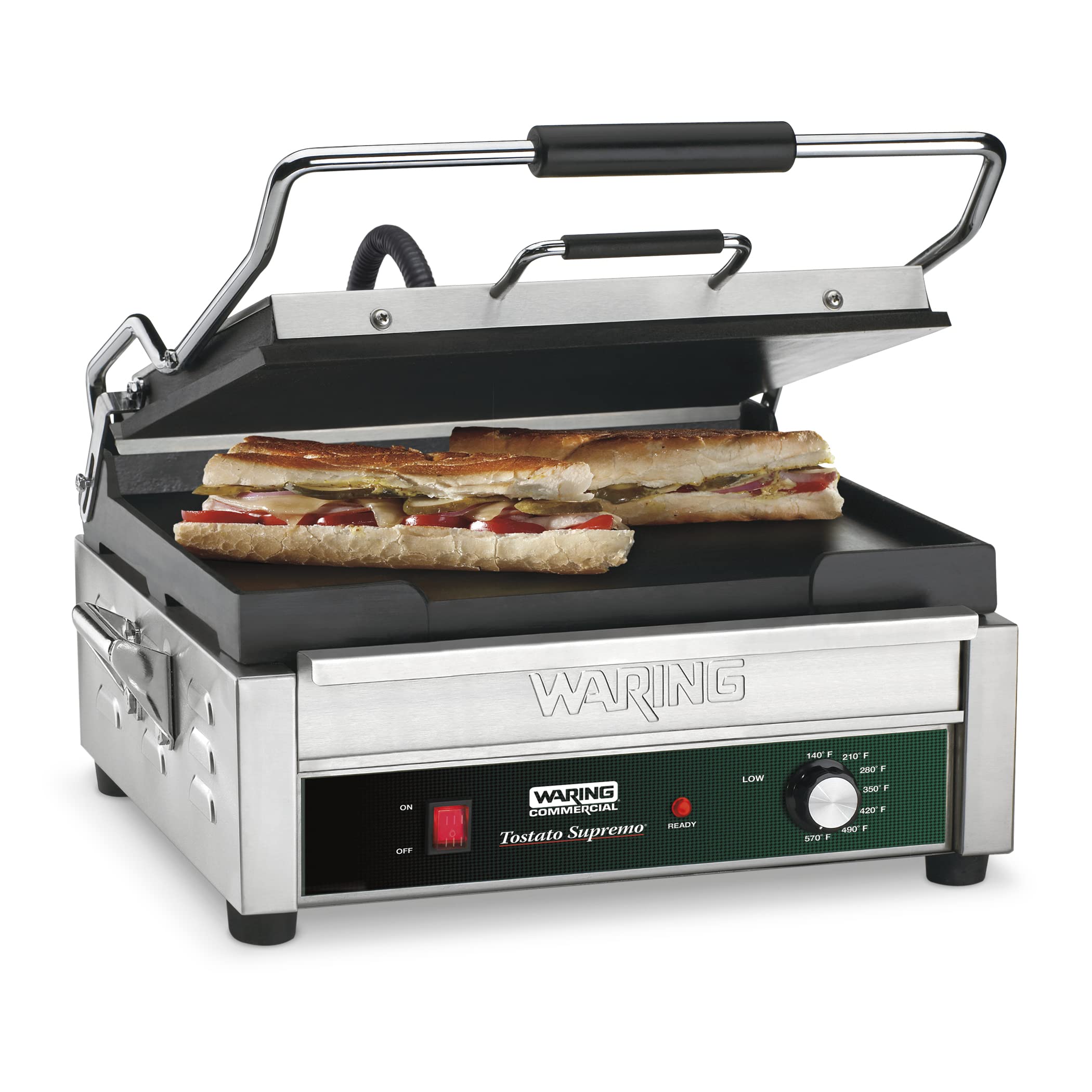 Waring Commercial WFG275T Full Sized 14" x 14" Flat Toasting Grill, 20 Minute Countdown Timer, 120V, 1800W, 5-15 Phase Plug