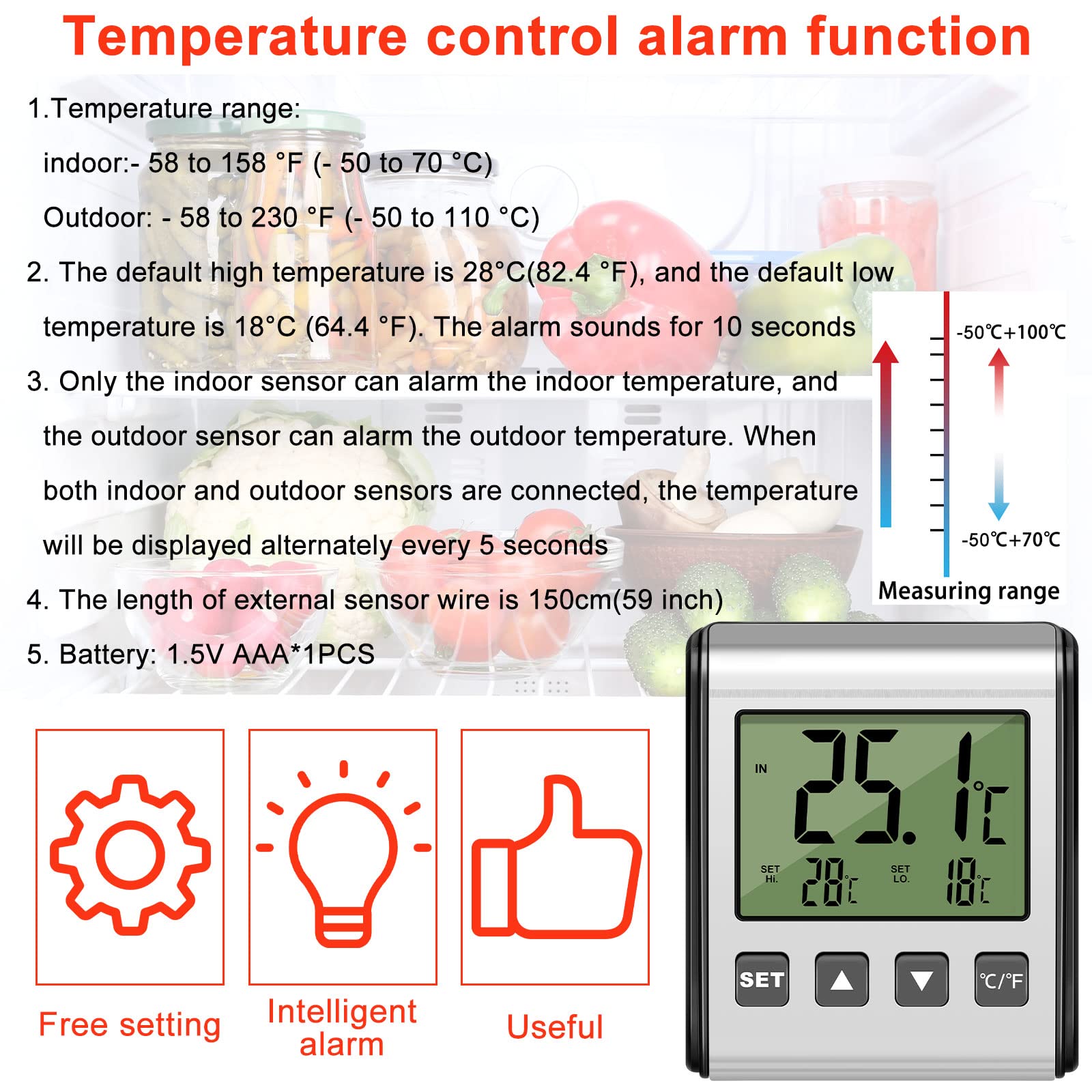 2 Pieces Digital Refrigerator Thermometer Freezer Thermometer Stainless Panel Thermometer High and Low Freezer Temperature Alarm with Sensor Magnet Probe LCD for Fridge Room kitchen