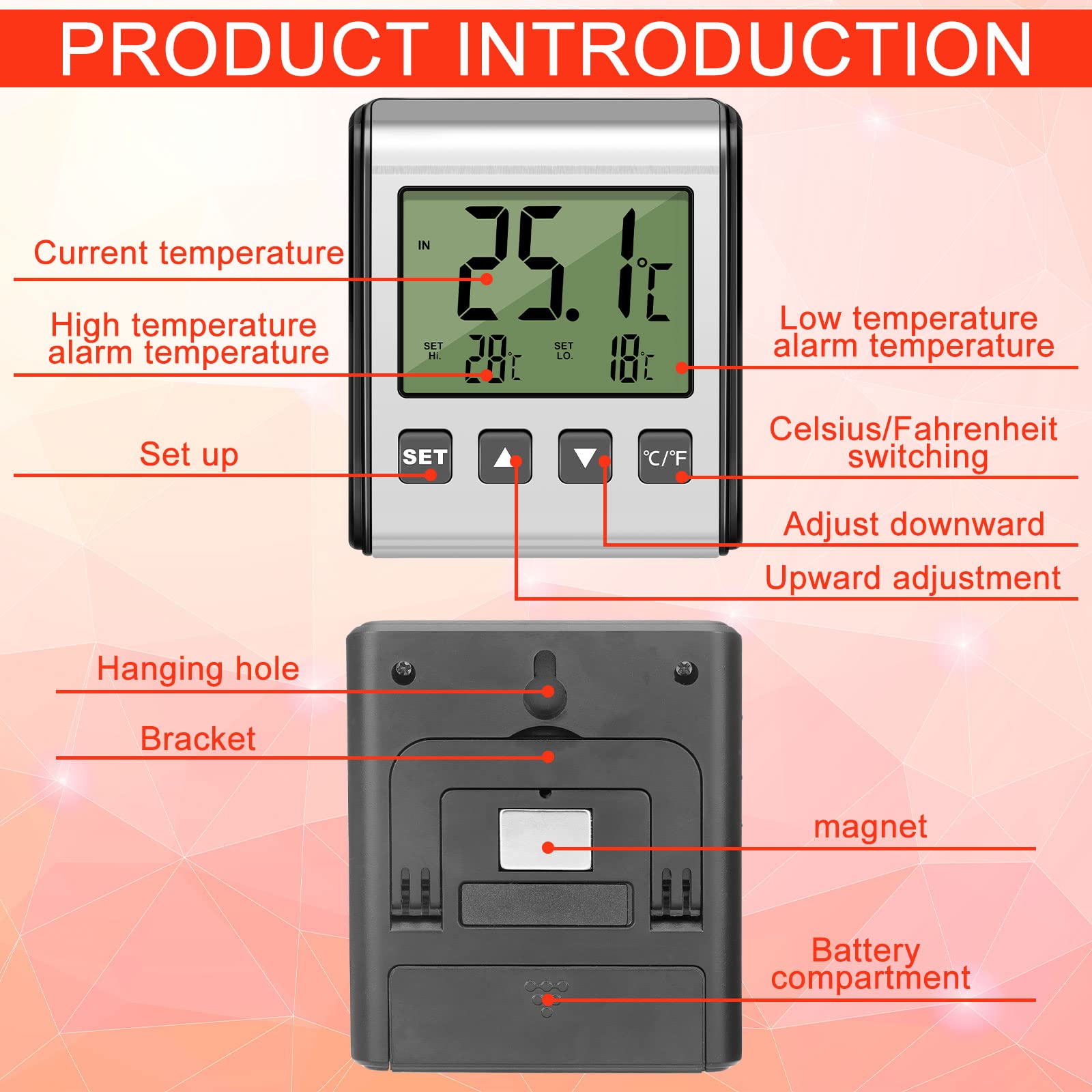 2 Pieces Digital Refrigerator Thermometer Freezer Thermometer Stainless Panel Thermometer High and Low Freezer Temperature Alarm with Sensor Magnet Probe LCD for Fridge Room kitchen