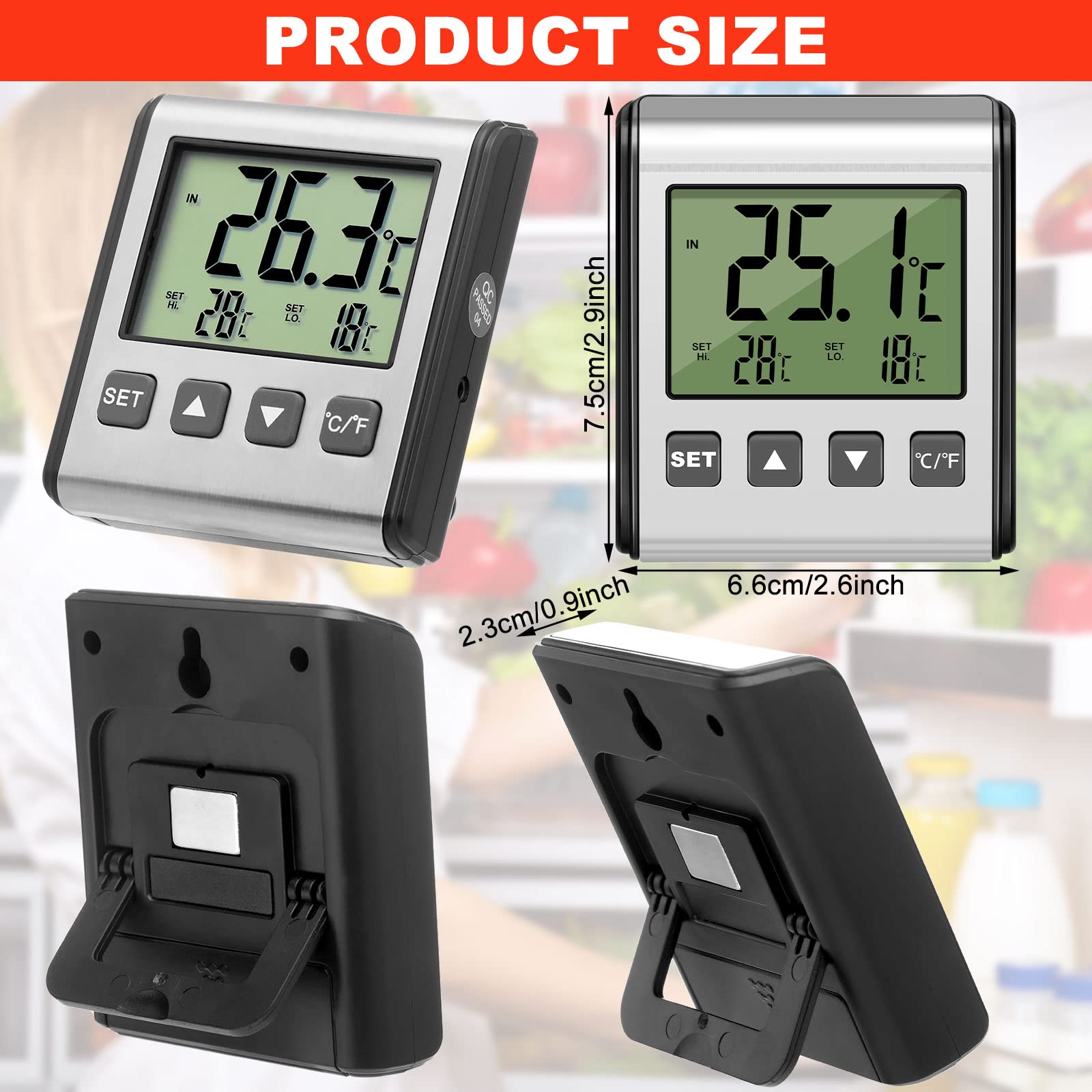 2 Pieces Digital Refrigerator Thermometer Freezer Thermometer Stainless Panel Thermometer High and Low Freezer Temperature Alarm with Sensor Magnet Probe LCD for Fridge Room kitchen