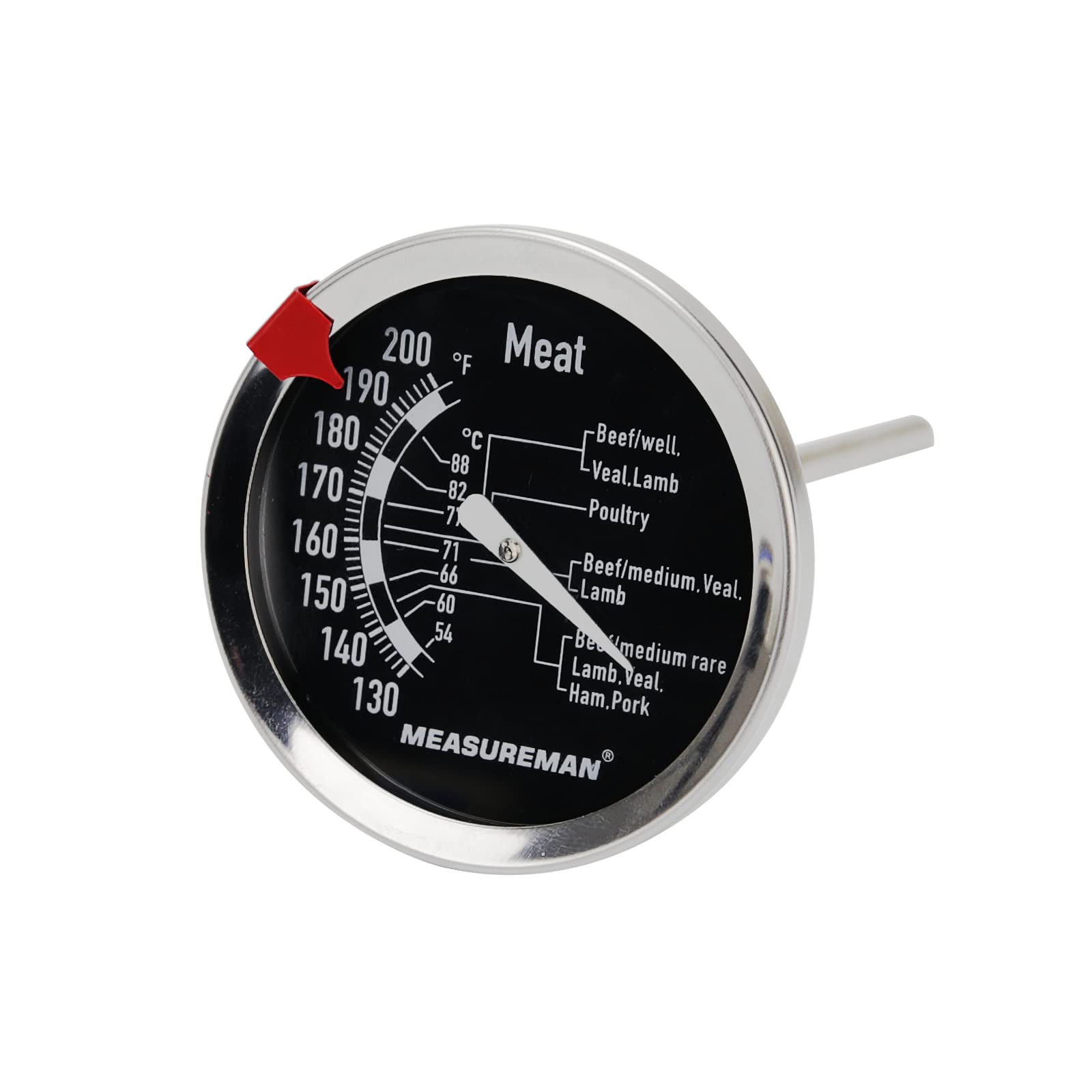 MEASUREMAN Meat Thermometer 2.5 Inch Dial with Red Indicator Clasp 304 Stainless Steel 130-220F/C Poultry Probe Oven BBQ Cooking Thermometers