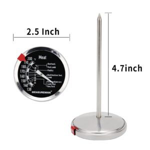 MEASUREMAN Meat Thermometer 2.5 Inch Dial with Red Indicator Clasp 304 Stainless Steel 130-220F/C Poultry Probe Oven BBQ Cooking Thermometers