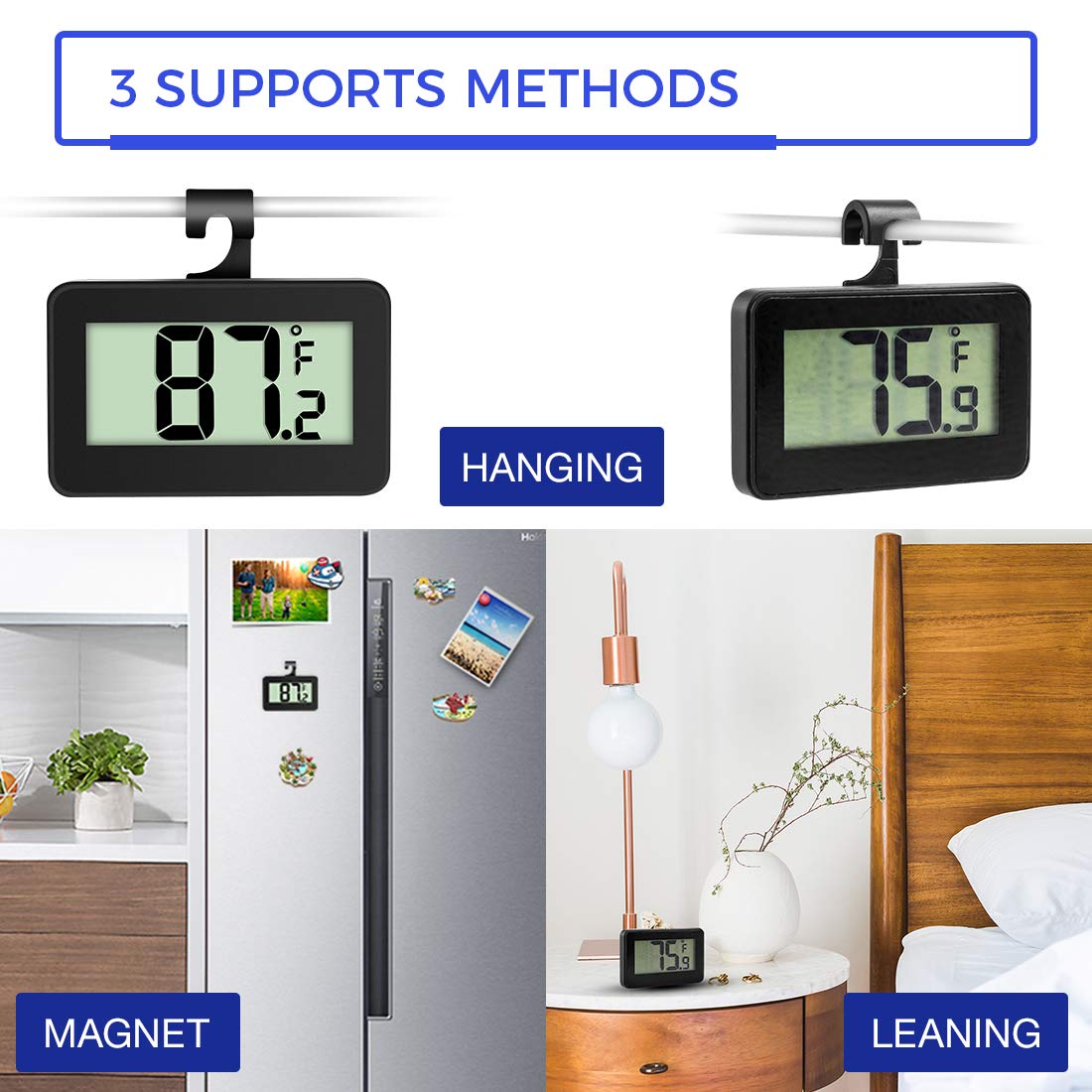 Mini Refrigerator Thermometer, Digital Fridge Freezer Temperature Monitor with Hook & Large LCD Display for Indoor/Outdoor (Black)