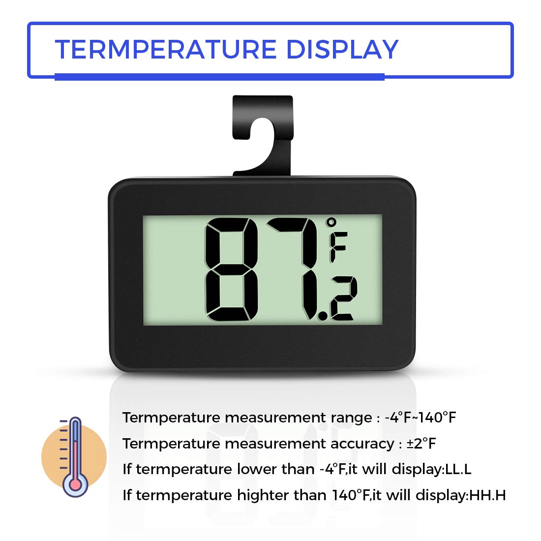 Mini Refrigerator Thermometer, Digital Fridge Freezer Temperature Monitor with Hook & Large LCD Display for Indoor/Outdoor (Black)