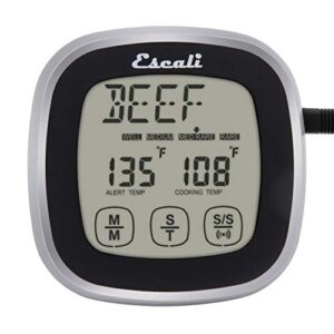 Escali Touch Screen LCD Display Digital Timer Oven Safe Stainless Steel Probe with Temperature Alert, Black