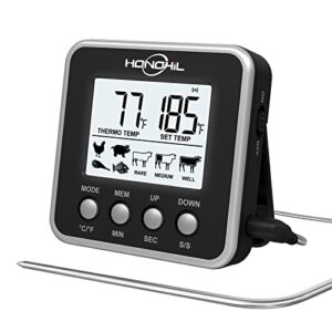 honohil digital meat thermometer for cooking and grilling, kitchen food candy oven bbq grill thermometer for smoker baking liquid with stainless steel probe instant read magnetic battery timer black