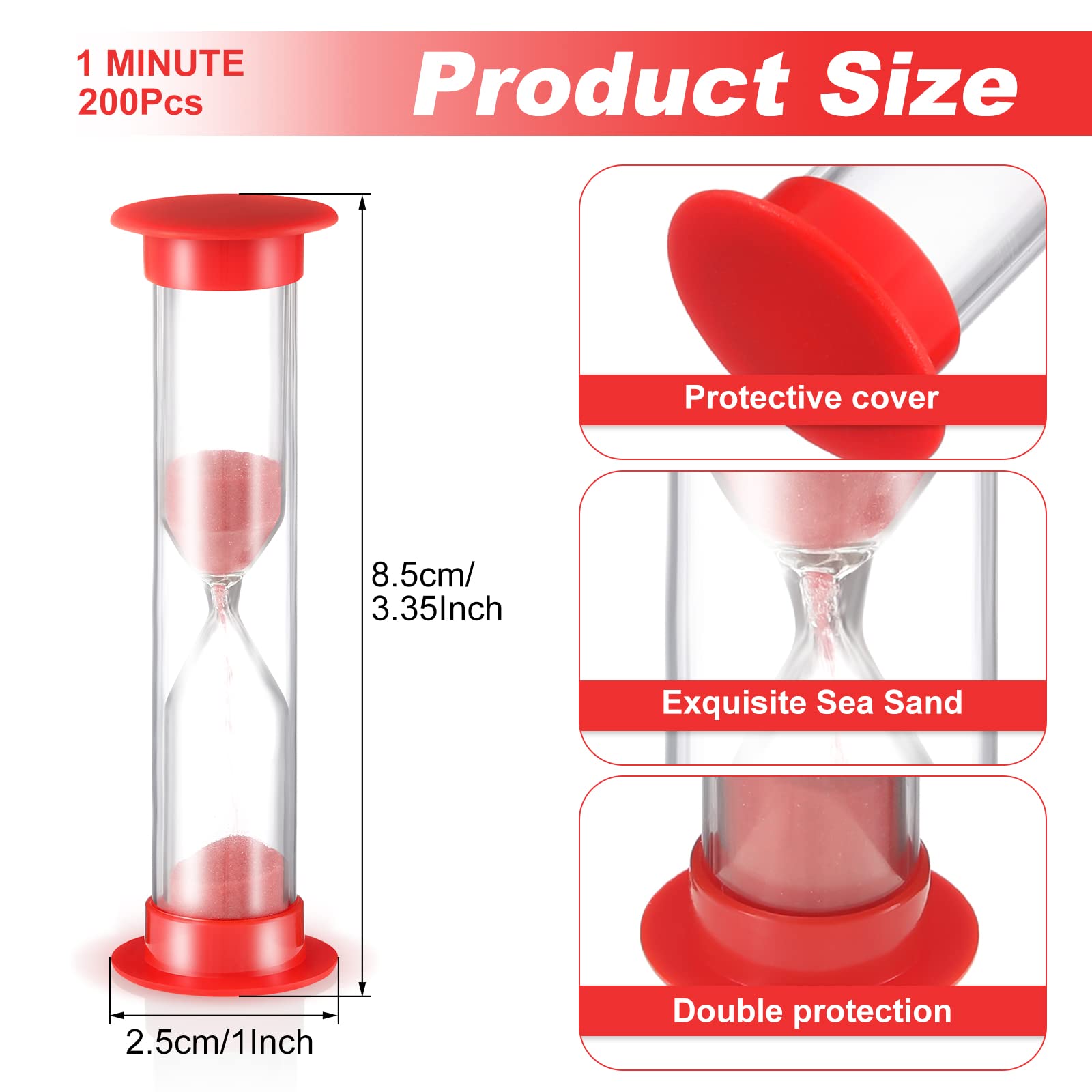 200 Pcs Sand Timer 1 Minute Sand Timer in Bulk Acrylic Covered Hourglass Timer Red Sand Clock for Classroom Kitchen Preschool Teacher Home Supplies, 3.35 x 0.98 x 0.98 Inches