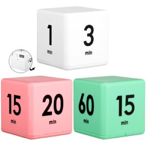 3 pieces cube timers gravity sensor flip timer egg timer kids timer workout timer study timer and game timer for time management, 1, 3, 5, 10 minutes and 15, 20, 30, 60 minutes (white, green, pink)