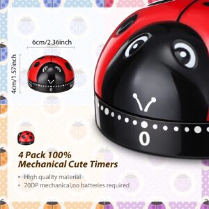 4 Pcs Ladybug Kitchen Timers for Cooking Cute Ladybug Cooking Timer 60 Minute Mechanical Timer Red Black Kitchen Alarm Clock for Kids Reading Do Sports Baking Gifts, No Battery Required