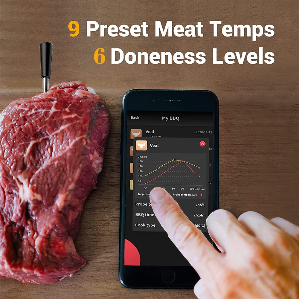 Meat Thermometer Wireless, BVRONA 300FT Bluetooth Meat Thermometer for Grilling and Smoking, IP67 Waterproof ，Dishwasher Safe for BBQ Oven Grill Smoker Cooking Gifts for Men Women