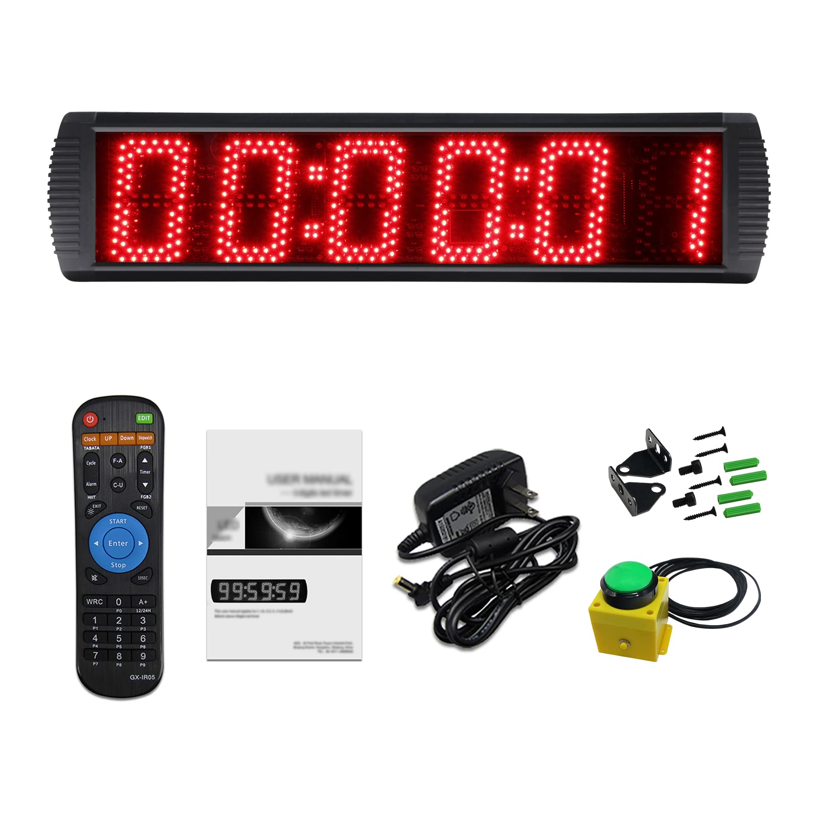 Ganxin 5 Inch 6-Digit LED Race Timing Clock, Running Event Gym Timer Clock for Countdown/Count Up,12/24 Hour Real Time Clock, Stopwatch with Remote Control,Portable Large Wall Clock (Red+Button)