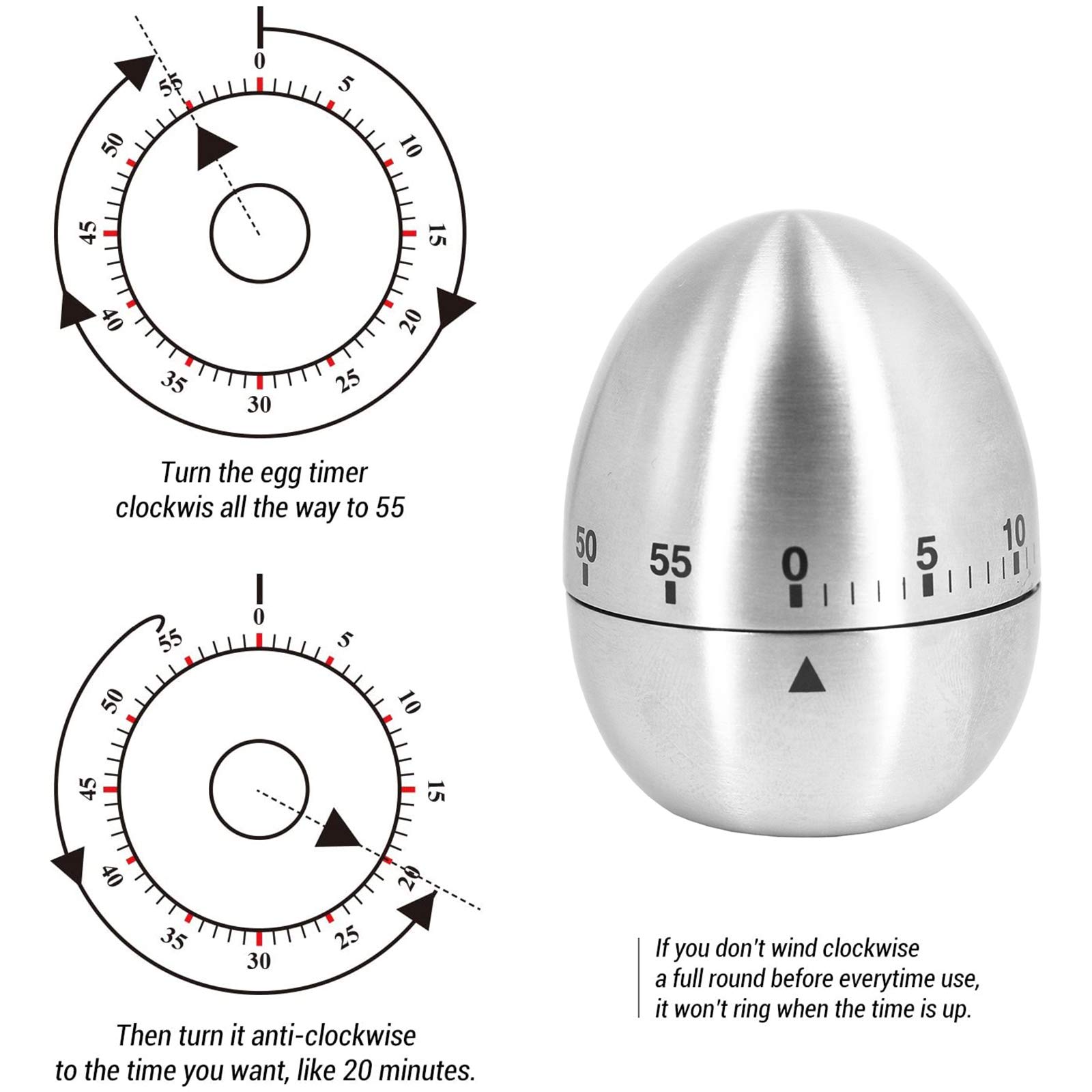 U/S Egg Kitchen Timer Cute Manual,Stainless Steel Metal Mechanical Visual Countdown Cooking Timer with Loud Alarm for Kids Cooking Tools