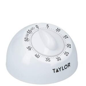 taylor kitchen timer, classic mechanical cooking and baking countdown rotating alarm, 60 minutes, white