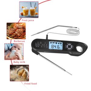 Roses&Poetry Meat Thermometer Digital Food Thermometer with 2 Probes, Alarm Setting,Backlight Large Screen,Waterproof Instant Read Cooking Thermometer for Meat,Grill,Liquids,BBQ Oven (Black)