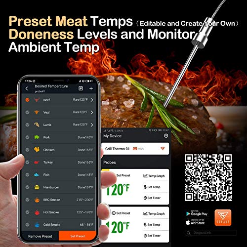 DOQAUS Bluetooth Meat Thermometer for Grilling, Wireless Meat Thermometer with 2 Probes, 197ft Remote BBQ Thermometer with Smart Kitchen Timer and Backlight for Smoker, Oven, Grilling, Turkey