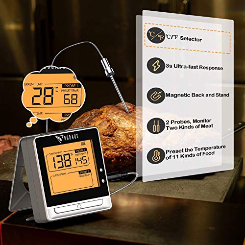 DOQAUS Bluetooth Meat Thermometer for Grilling, Wireless Meat Thermometer with 2 Probes, 197ft Remote BBQ Thermometer with Smart Kitchen Timer and Backlight for Smoker, Oven, Grilling, Turkey