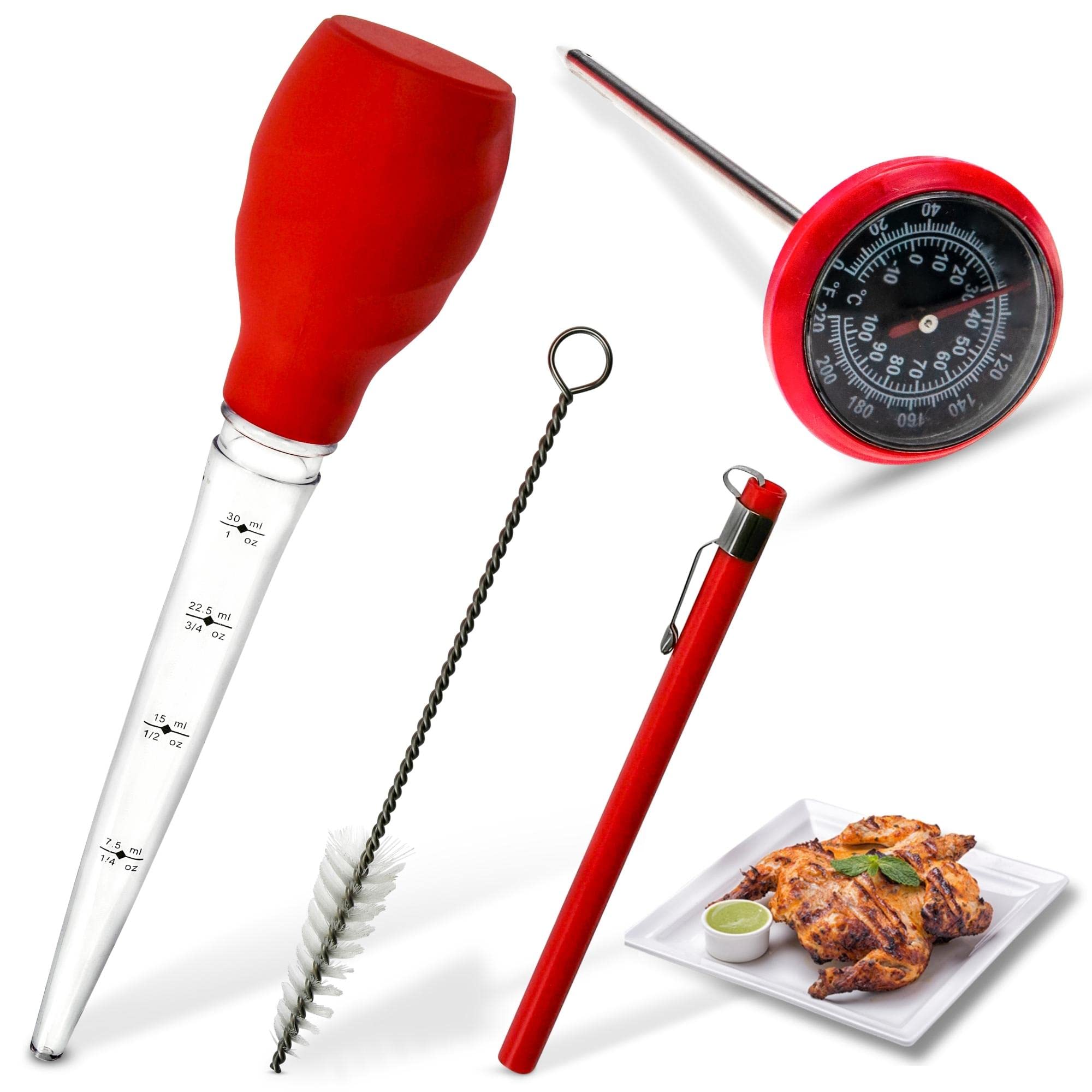 Meat Thermometer and Turkey Baster Kit | Stainless Steel Analog Meat Thermometer Bundle – Includes Turkey Baster and Cleaning Brush | Instant Read Turkey Thermometer for Cooking