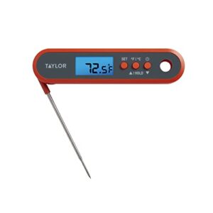 taylor digital waterproof food meat and candy thermometer, with a folding probe, programmable presets, backlit display, andincludes 2 aaa batteries