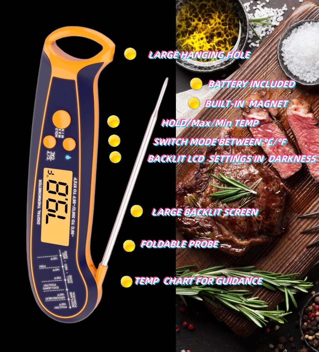 KUKVINA Waterproof Digital Instant Read Meat Thermometer for Cooking, Grilling, BBQ, Kitchen & Candy, Ultra-Fast Food Thermometer with Folding Probe，Backlight & Calibration Function