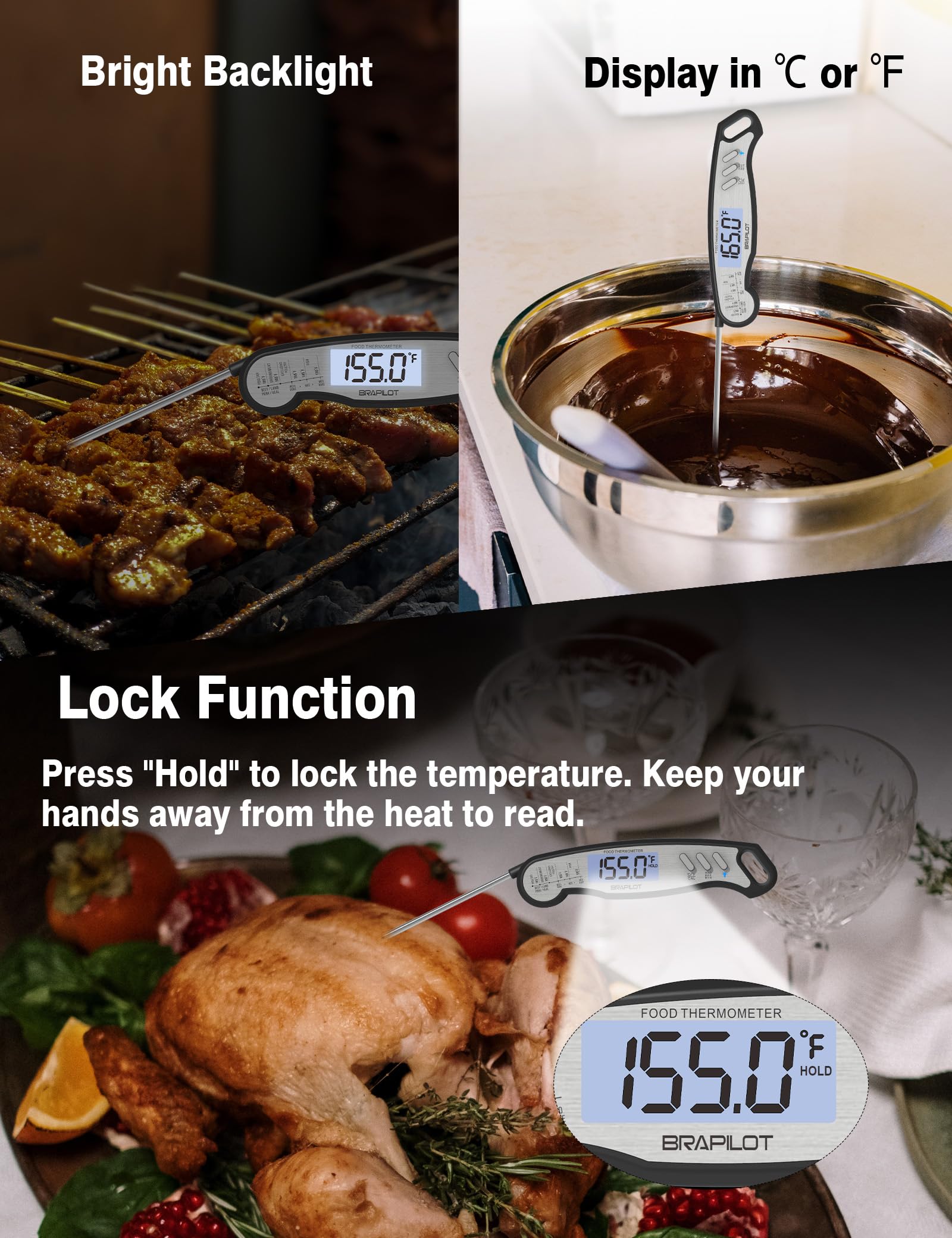 BRAPILOT Meat Thermometer Digital, Instant Read Food Thermometer for Cooking BBQ Grilling Turkey, Waterproof Electric Thermometer Backlit, Essential Kitchen Gadgets (Silver)