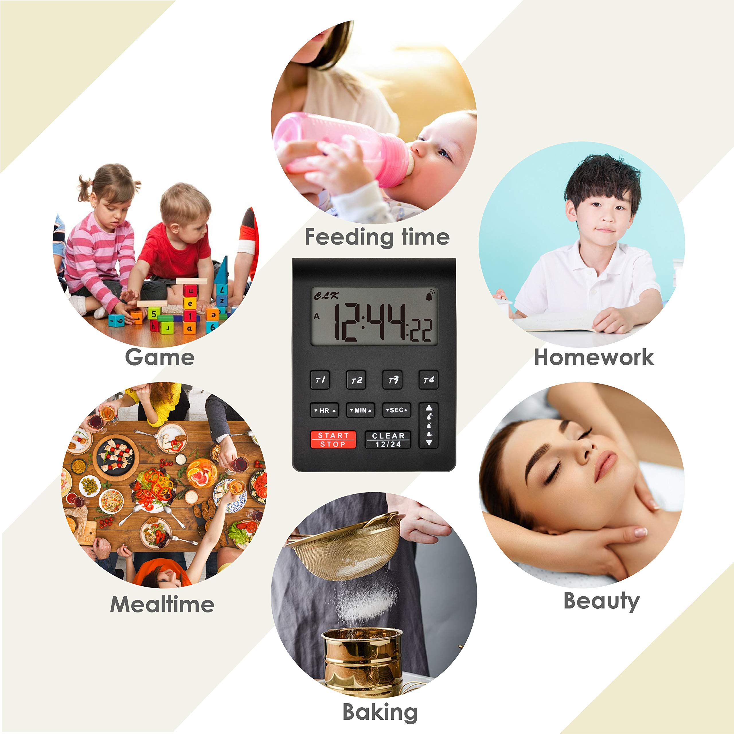 Runleader Digital Desktop Kitchen Timer,4 Countdown Timers & Stopwatchs with 12/24 Hours Clock Large Digits Alarm Reminder for Baking Cooking Homework Fitness(black-205)