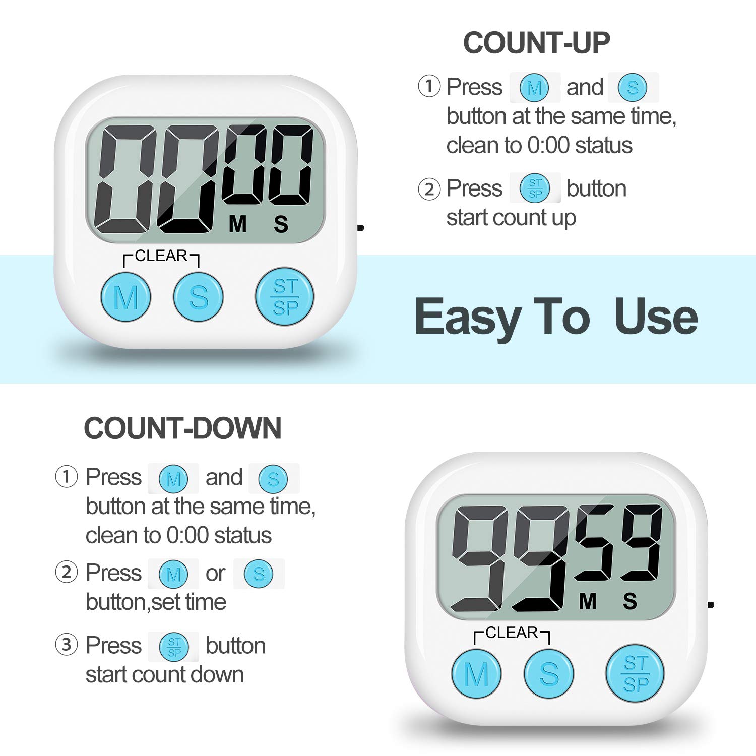 UMIKAkitchen Kitchen Timer, 2 Pack Large Digits Classroom Timer for Kids,Simple Operation Magnetic Timers, Digital Timer for Cooking -White