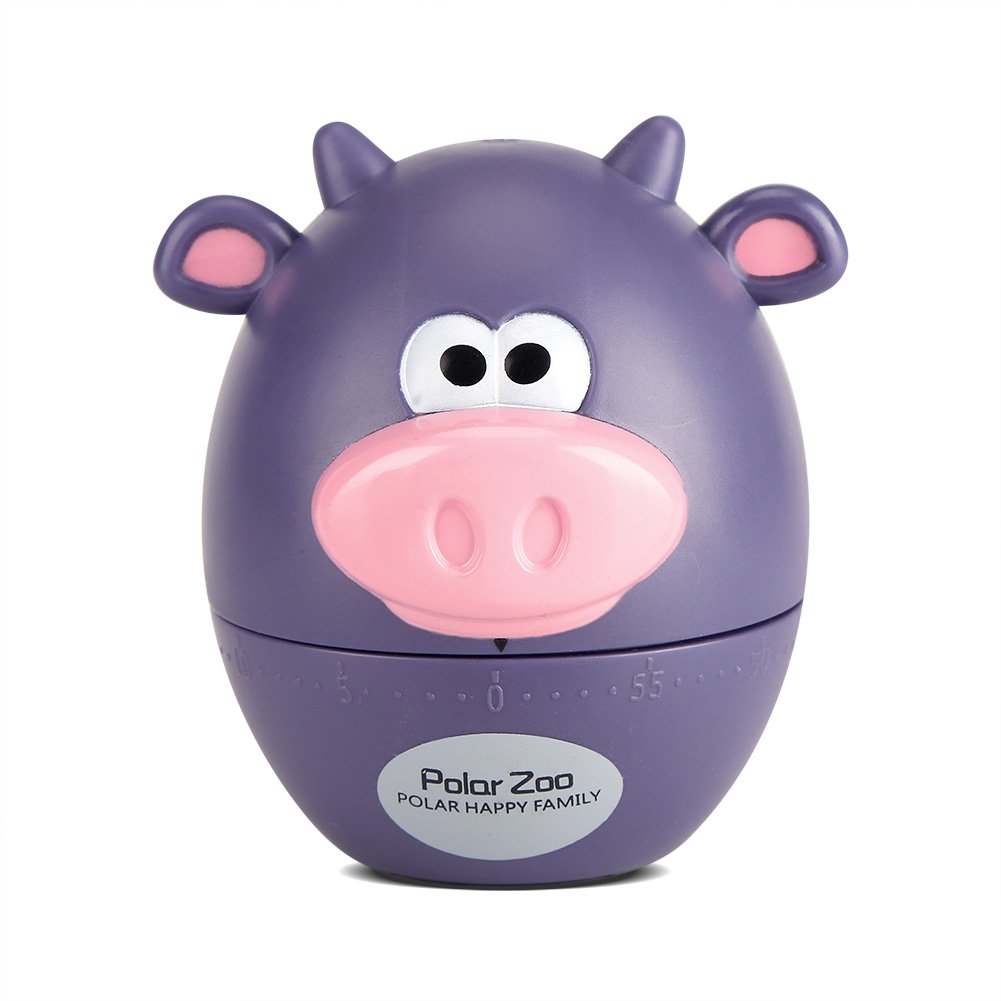 55 Minutes Cooking Supplies Cartoon Timer, Mechanical Cute Animal Shapes Kitchen Timer, NO Battery Needed (Purple Cattle)