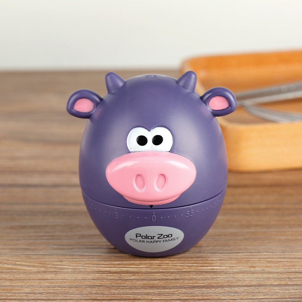 55 Minutes Cooking Supplies Cartoon Timer, Mechanical Cute Animal Shapes Kitchen Timer, NO Battery Needed (Purple Cattle)