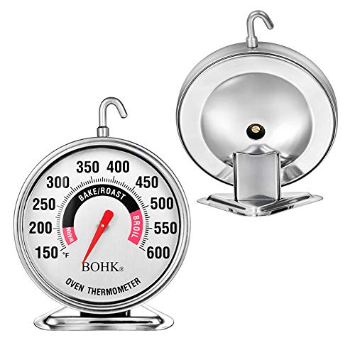 BOHK Large 2.36 Inch Dial Oven Thermometer with Bold Numbers Clear Toughened Glass Lens Hook Base Durable Stainless Steel Body Easy to Read Accurate 150-600℉