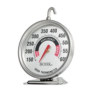 BOHK Large 2.36 Inch Dial Oven Thermometer with Bold Numbers Clear Toughened Glass Lens Hook Base Durable Stainless Steel Body Easy to Read Accurate 150-600℉