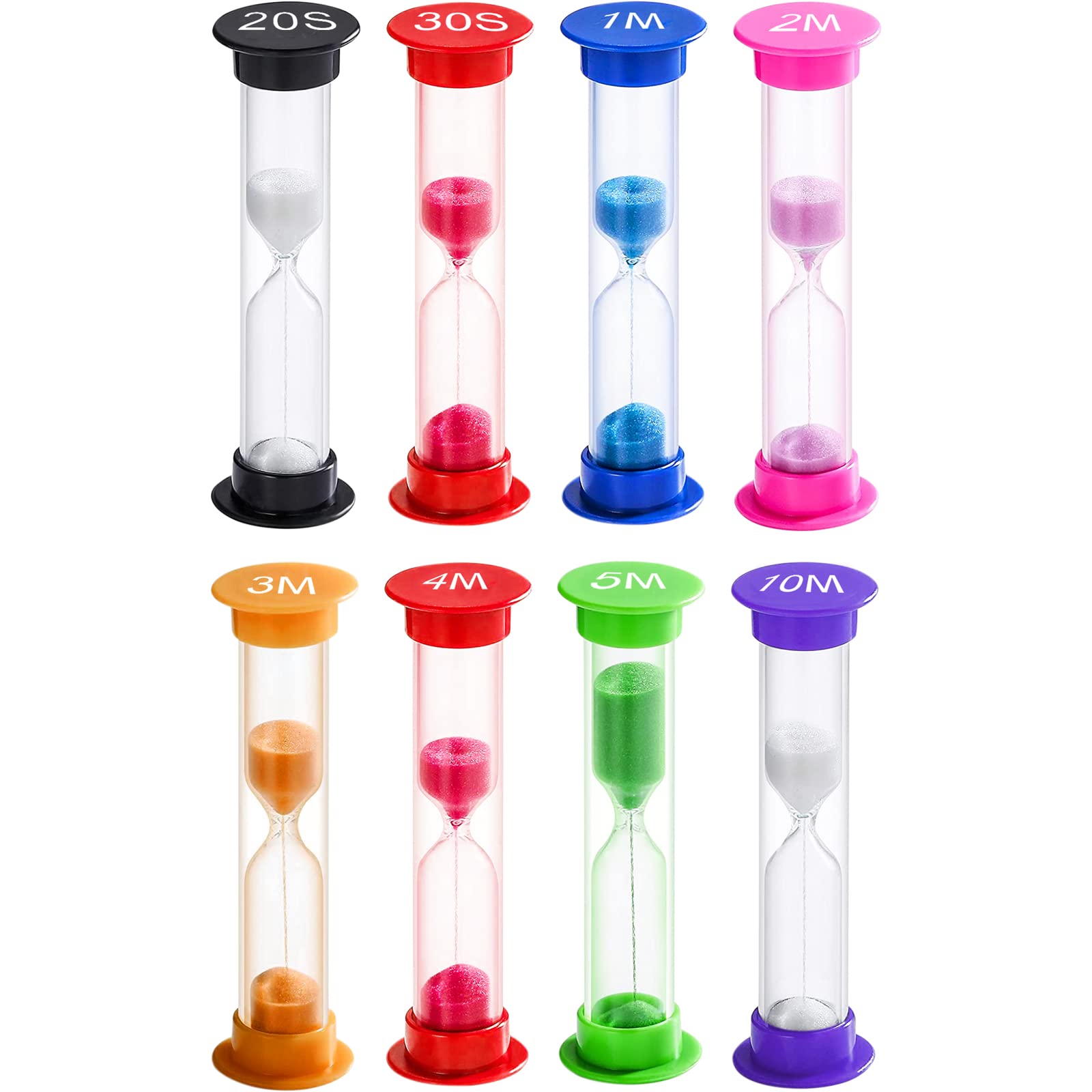 IGOOLEE 8 Pcs Sand Timer Colorful Hourglass Sandglass Sand Clock Timers Set 20sec / 30sec / 1min / 2mins / 3mins / 4mins / 5mins / 10mins for Kids Brushing Teeth, Cooking, Game, School, Office