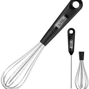 2 in 1 Stainless Steel Whisk Egg Beater & Instant Thermometer Probe 12 inch for Cooking Candy, Yogurt, Chocolate, Butter Cream, Sause, Cake