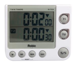 robic m-703 twin timers; countdown, countup game and activity timer; flashing led confirms activity, silent, medium or extra loud alarm at completion…america's timer, white, one size