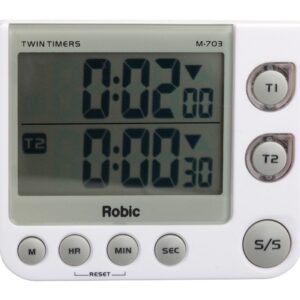 Robic M-703 Twin Timers; Countdown, Countup Game and Activity Timer; Flashing LED confirms Activity, Silent, Medium or Extra Loud Alarm at Completion…America's Timer, White, One Size