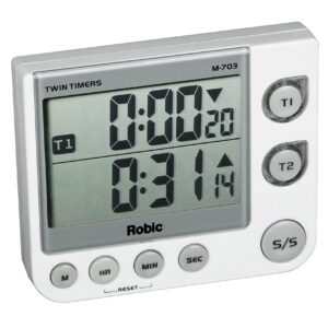 Robic M-703 Twin Timers; Countdown, Countup Game and Activity Timer; Flashing LED confirms Activity, Silent, Medium or Extra Loud Alarm at Completion…America's Timer, White, One Size