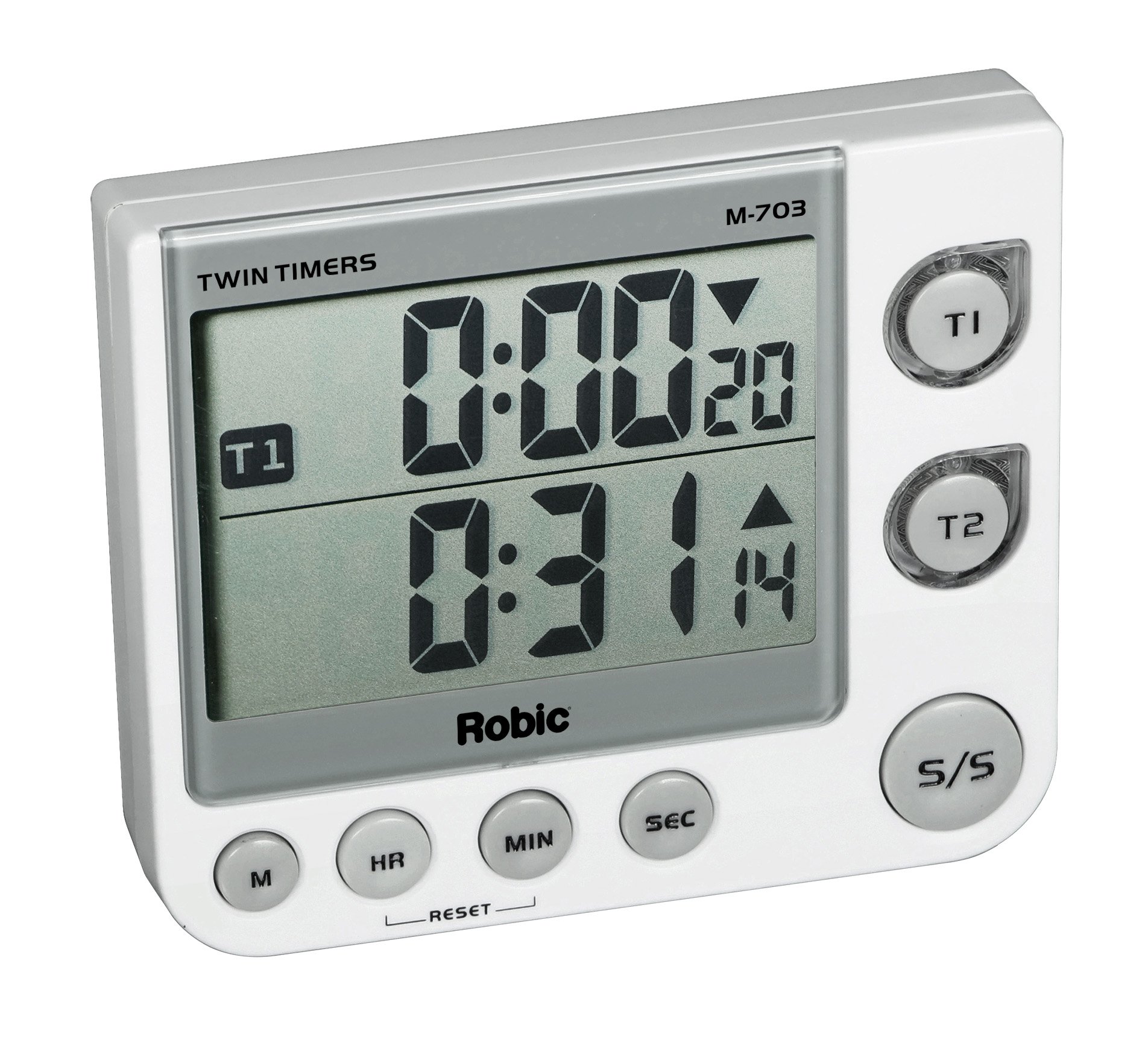 Robic M-703 Twin Timers; Countdown, Countup Game and Activity Timer; Flashing LED confirms Activity, Silent, Medium or Extra Loud Alarm at Completion…America's Timer, White, One Size