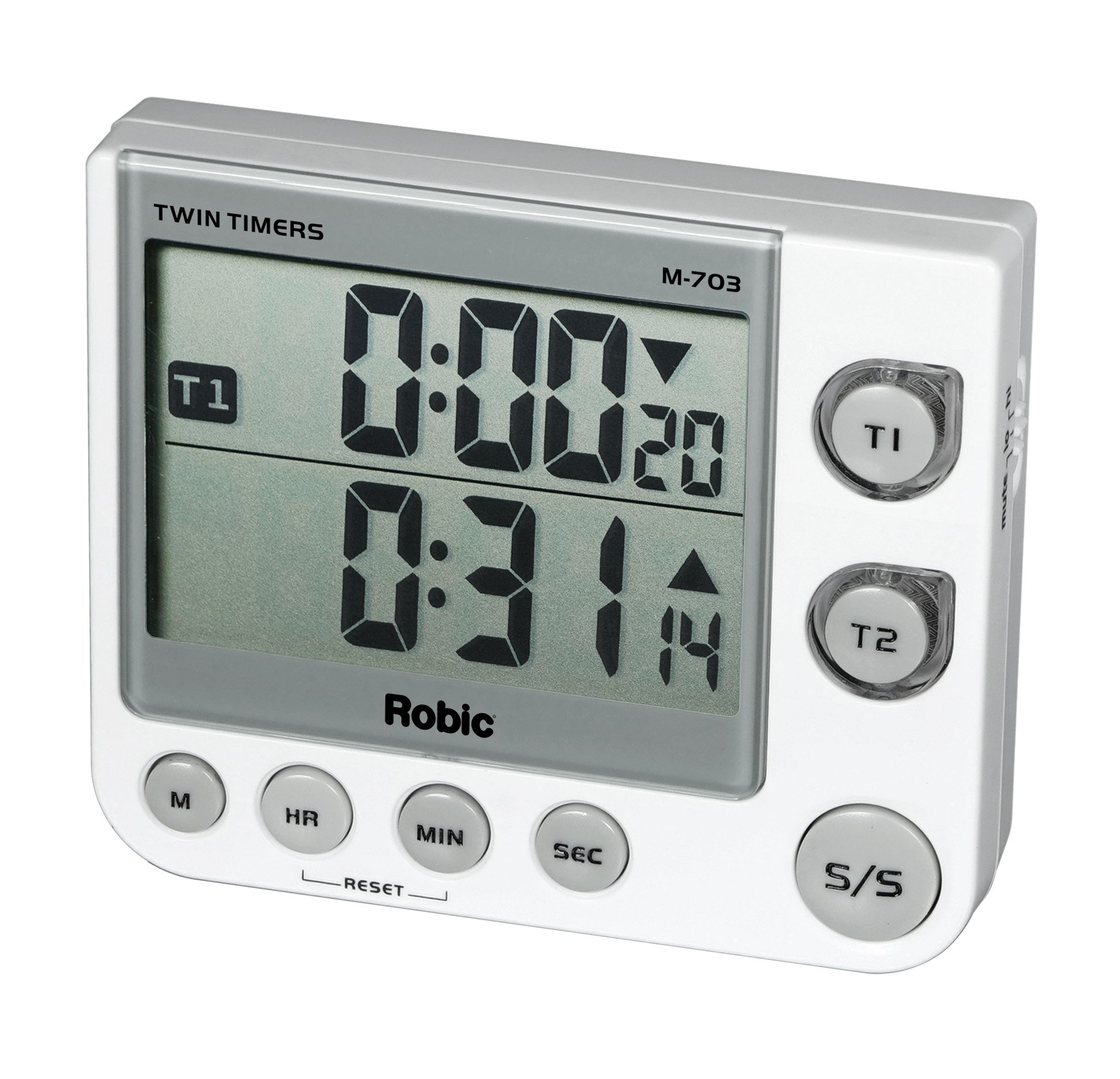 Robic M-703 Twin Timers; Countdown, Countup Game and Activity Timer; Flashing LED confirms Activity, Silent, Medium or Extra Loud Alarm at Completion…America's Timer, White, One Size