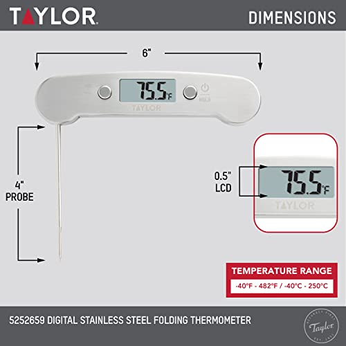 Taylor Precision Products Instant Read Digital Meat Thermometer, for Cooking Food and BBQ Grill, Multiuse Kitchen Thermometer, Folding Probe, Stainless-Steel