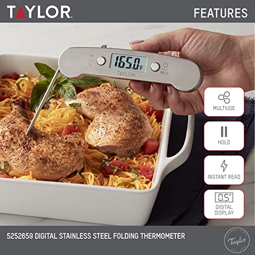 Taylor Precision Products Instant Read Digital Meat Thermometer, for Cooking Food and BBQ Grill, Multiuse Kitchen Thermometer, Folding Probe, Stainless-Steel